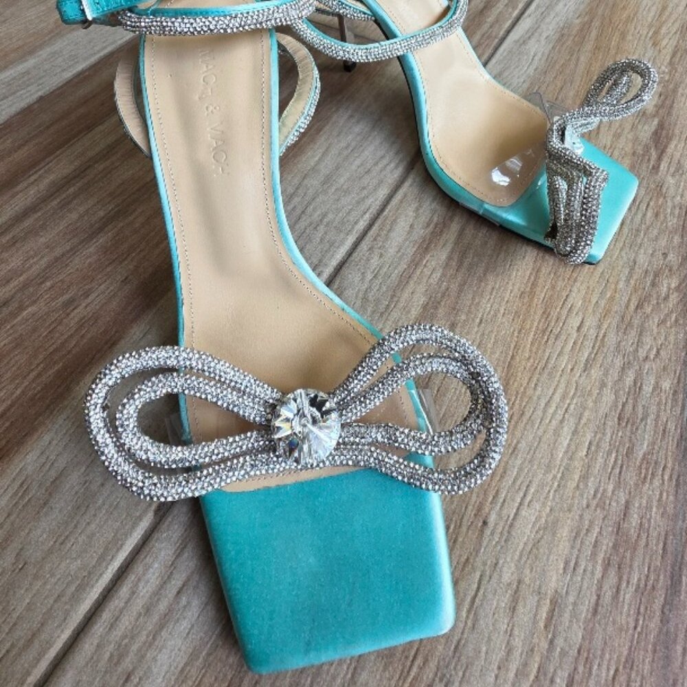 MACH & MACH Turquoise Double Crystal Bow Sqaure Toe Sandals Eur.38.5